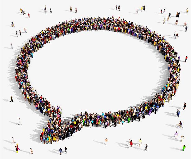 Diverse group of people gathered together in the shape of a speech bubble